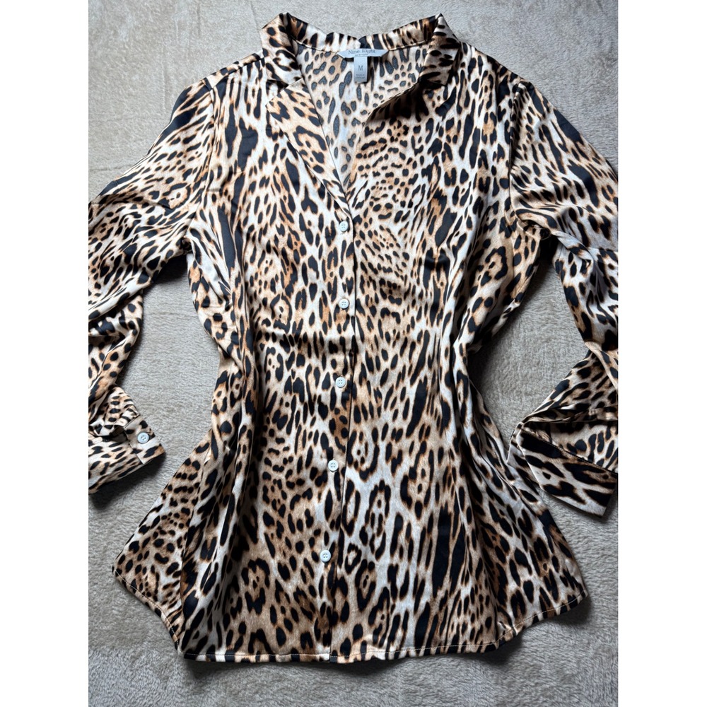 Nine Eight New York‎ Leopard  Satin Button Down Blouse  Size M Office Siren Chic